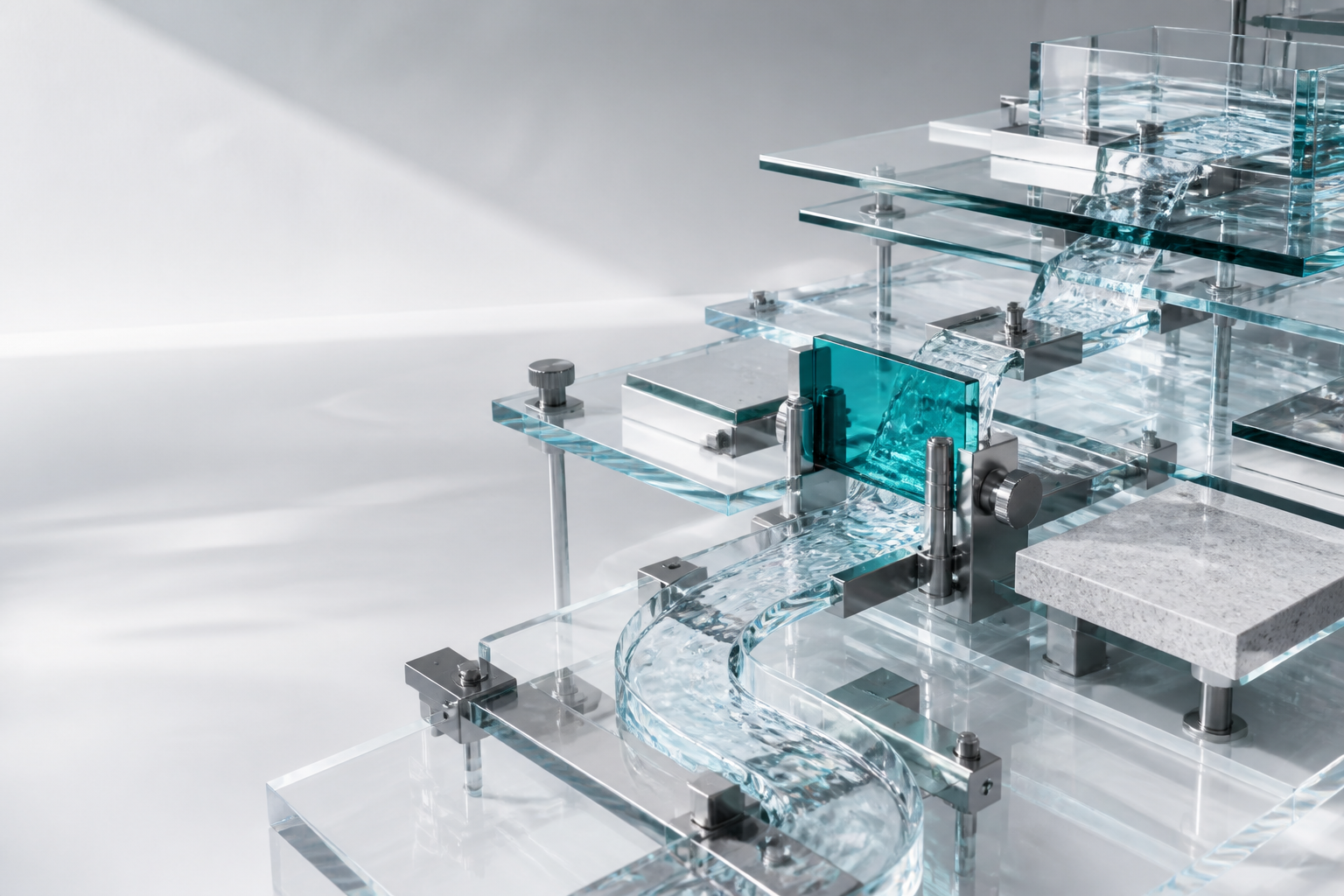 A stream of water moving through an adjustable glass and metal workflow structure