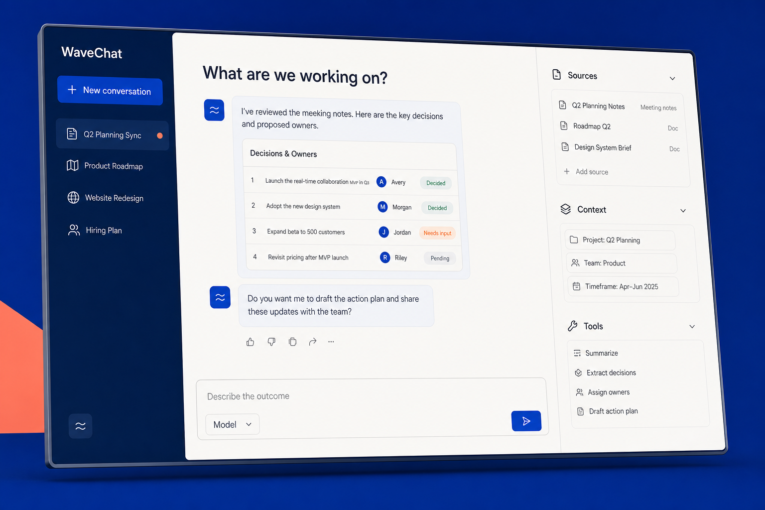 WaveChat concept workspace with conversation, sources, context, and tools